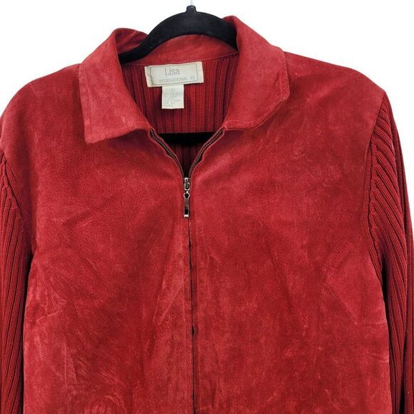 Vtg Red Ribbed Knit Long Sleeve Suede Sweater Jacket Shacket Sz L Cardigan Zip - Picture 4 of 11